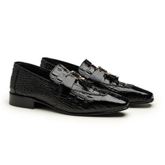 Classic Croc-Embossed Tassel Loafers (Black)