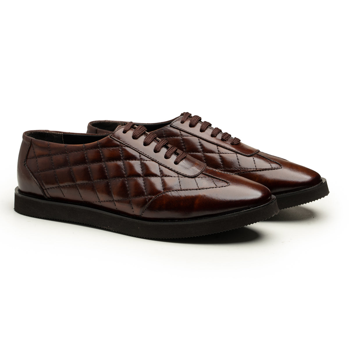 Quilted Lace-Up Leather Shoes (Brown)